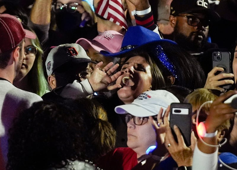 A protester shouts as Democratic presidential nominee Vice President Kamala Harris speaks during a campaign rally in Washington, D.C., Oct. 29, 2024.