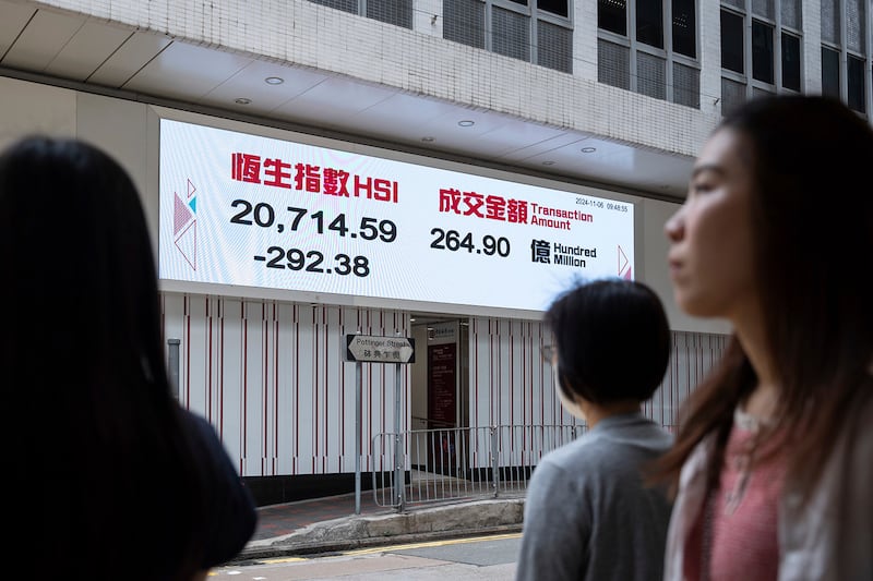 Pedestrians walk past an electronic screen displaying the drop in the Hang Seng stock market index in Hong Kong, Nov. 6, 2024.