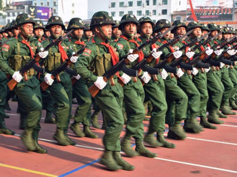 United Wa State Army solders march in parade in Pang Sang, Myanmar on April 17, 2019.